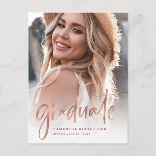 Casual Script Rose Gold Two Photo Graduation Party Invitation Postcard ...