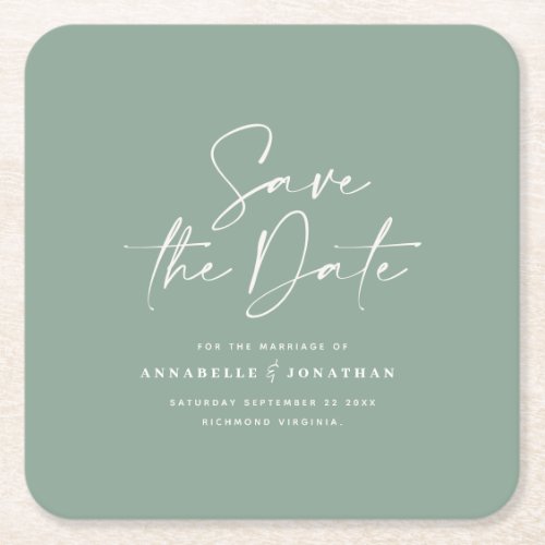 Casual script sage green typography wedding save t square paper coaster