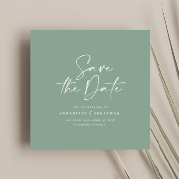 Casual script sage green typography wedding save the date