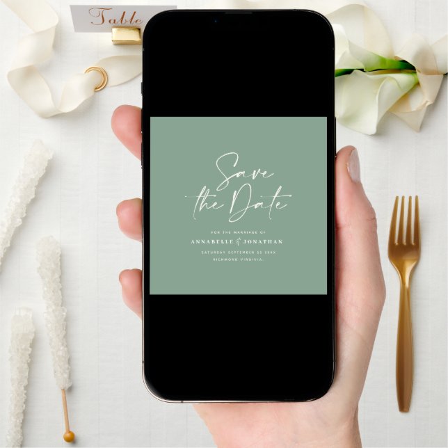 Casual script sage green typography wedding save the date (Front Digital)
