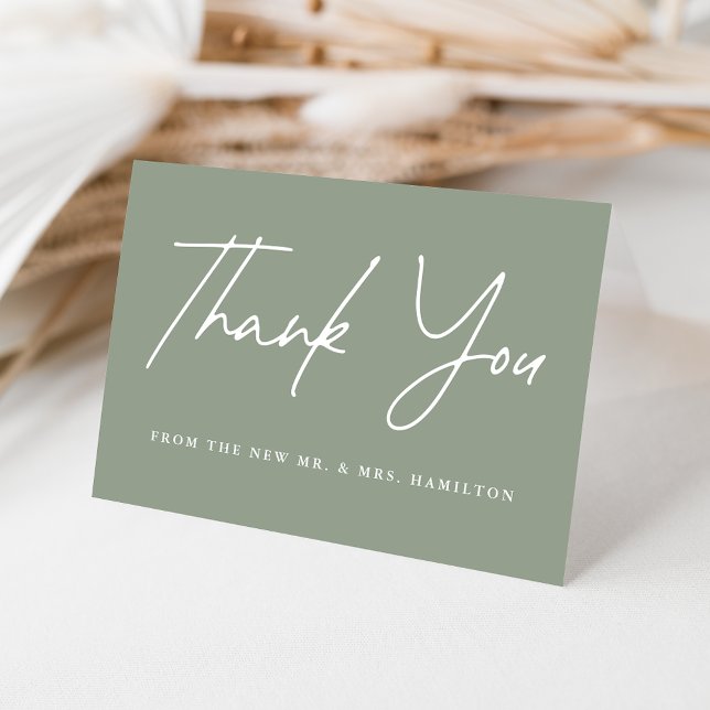 Casual Script Sage Green Wedding Letterpress Thank You Card (Creator Uploaded)