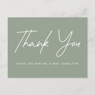 Casual Script Sage Green Wedding Thank You Postcard