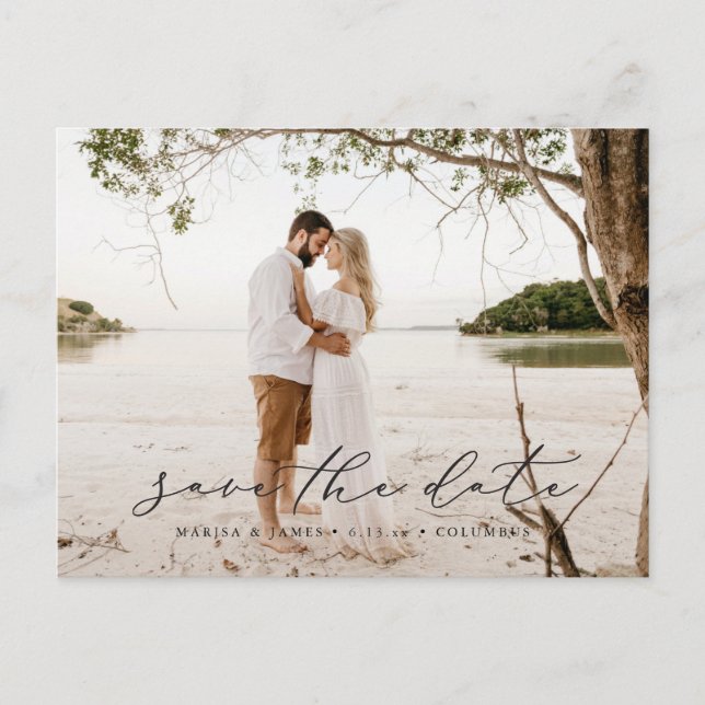 Casual Script Save the Date Photo Postcard Black  (Front)
