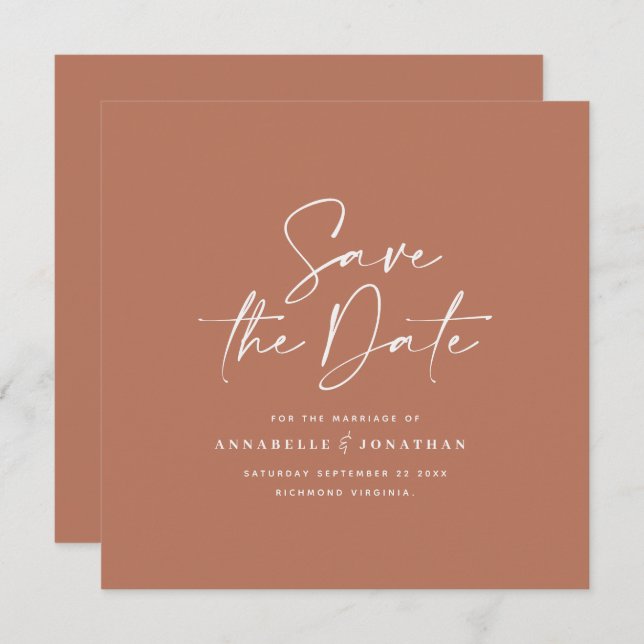 Casual script terracotta typography wedding save t save the date (Front/Back)