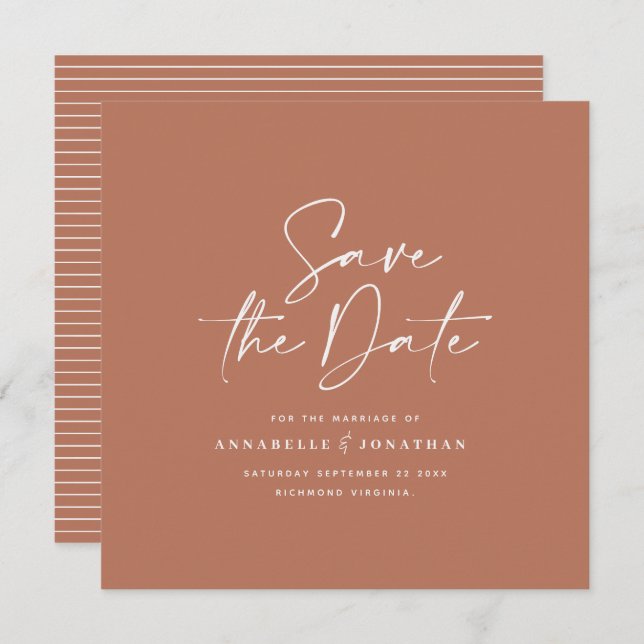 Casual script terracotta typography wedding save the date (Front/Back)