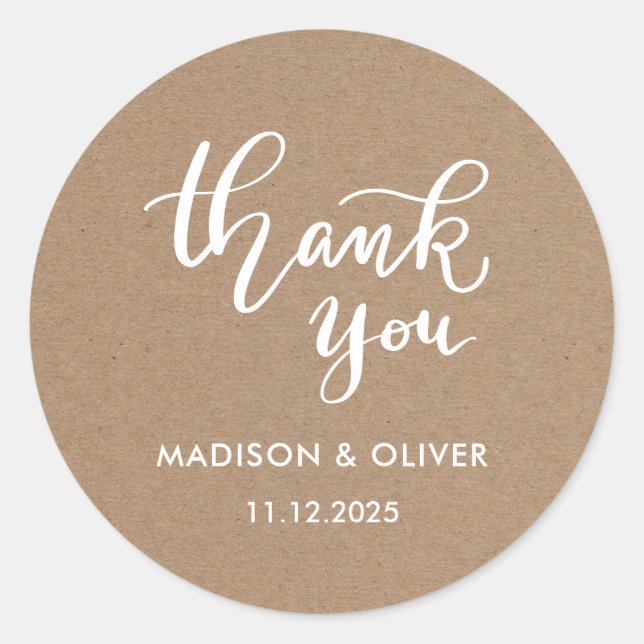 Casual Script Thank You Rustic Wedding Classic Round Sticker (Front)