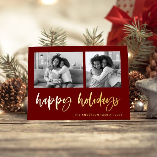 Casual Script Two Photo Grid  Happy Holidays Foil Holiday Card