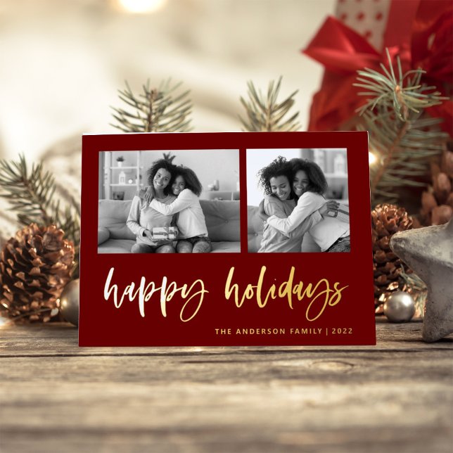 Casual Script Two Photo Grid | Happy Holidays Foil Holiday Card (Creator Uploaded)