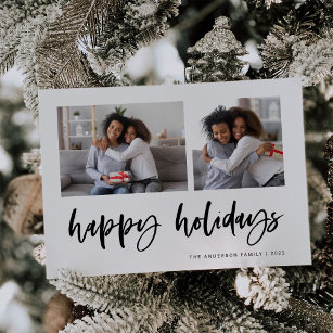 Casual Script Two Photo Grid   Happy Holidays Holiday Card