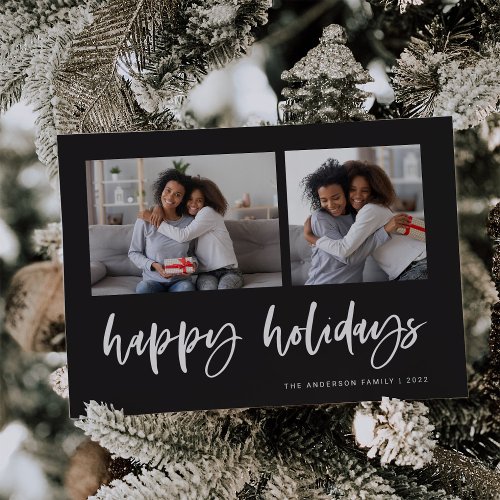 Casual Script Two Photo Grid  Happy Holidays Holiday Card