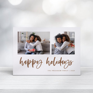 Casual Script Two Photo Grid Happy Holidays Letterpress Photo Cards