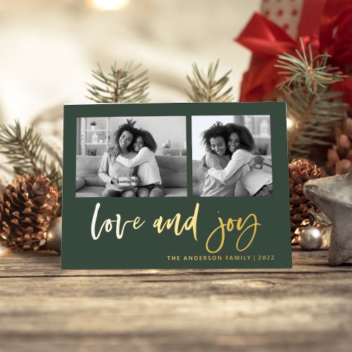 Casual Script Two Photo Grid  Love and Joy Foil Foil Holiday Card