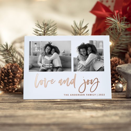 Casual Script Two Photo Grid  Love and Joy Foil Holiday Card