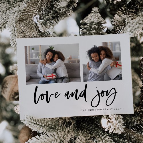 Casual Script Two Photo Grid  Love and Joy Holiday Card