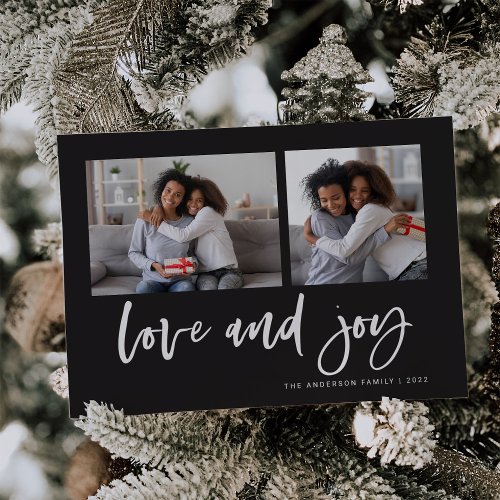 Casual Script Two Photo Grid  Love and Joy Holiday Card