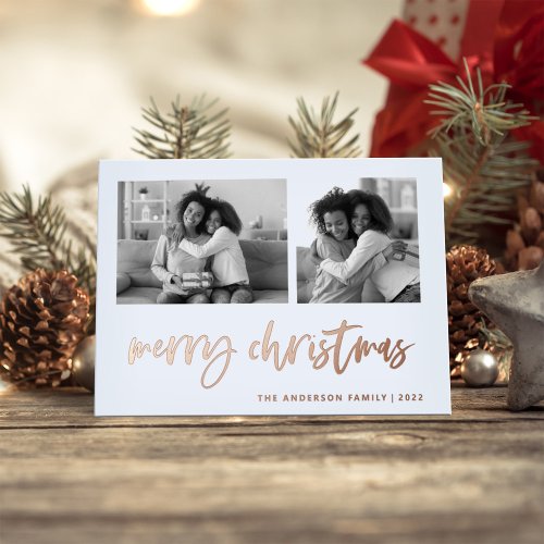 Casual Script Two Photo Grid  Merry Christmas Foil Holiday Card