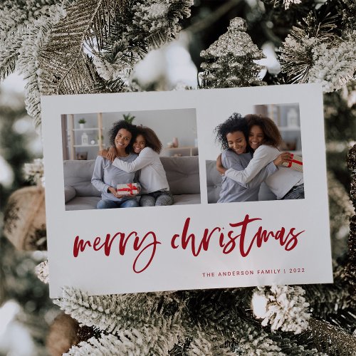 Casual Script Two Photo Grid  Merry Christmas Holiday Card