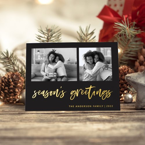 Casual Script Two Photo Grid  Seasons Greetings Foil Holiday Card