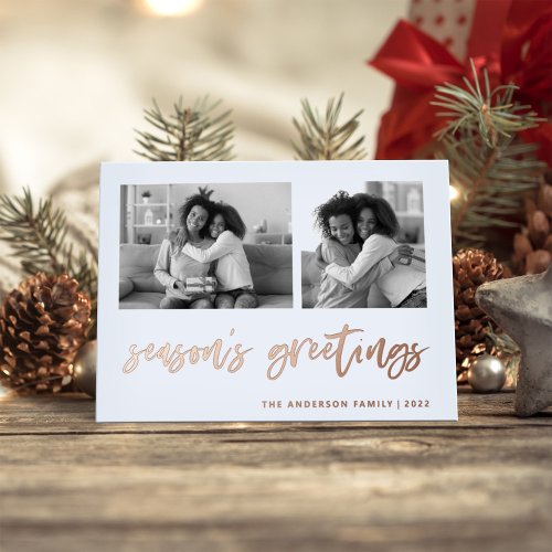 Casual Script Two Photo Grid  Seasons Greetings Foil Holiday Card