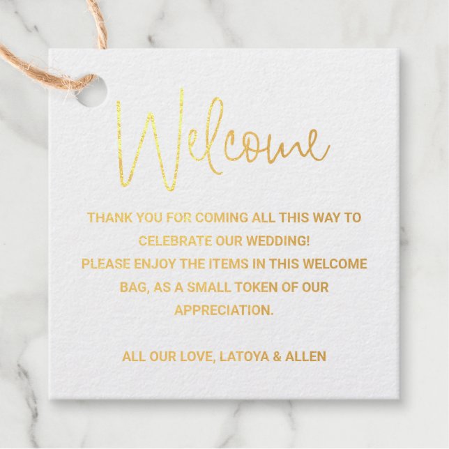 Casual Script Wedding Welcome Gift Basket Bag Foil Favor Tags (Front)