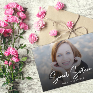 Casual Script White 4 Photo Sweet 16 Birthday Invitation