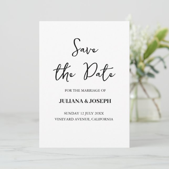 Casual Script White and Black Typography Wedding Save The Date (Standing Front)