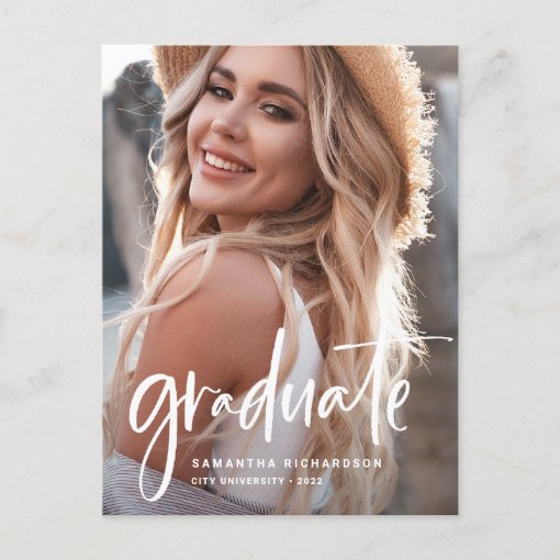 Casual Script White | Two Photo Graduation Party Invitation Postcard ...