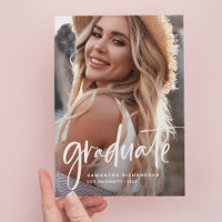 Casual Script White | Two Photo Graduation Party Invitation Postcard