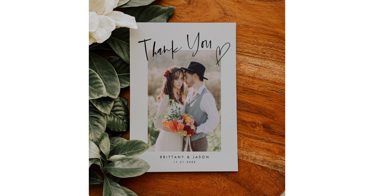 Casual Script with Heart Wedding Photo Thank You Card | Zazzle