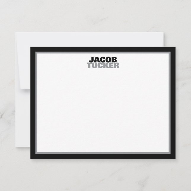 Casual Stacked Name Black & Gray Border Stationery Note Card (Front)