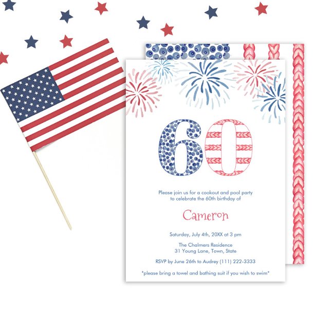 Casual Summer Red White Blue 60th Birthday Party Invitation (A fun red white and blue 60th birthday party invitation with firecracker details)