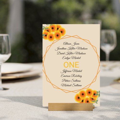 Casual Sunflower Wedding Table Number