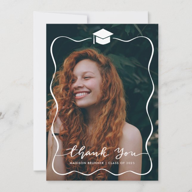 Casual Thank You Script Graduate Hat Photo Card (Front)