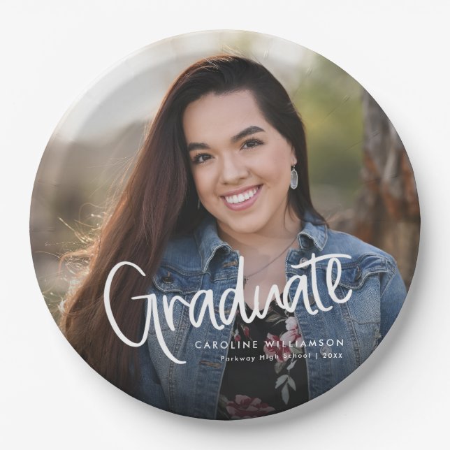 Casual Trendy Script Graduation Photo Paper Plates (Front)