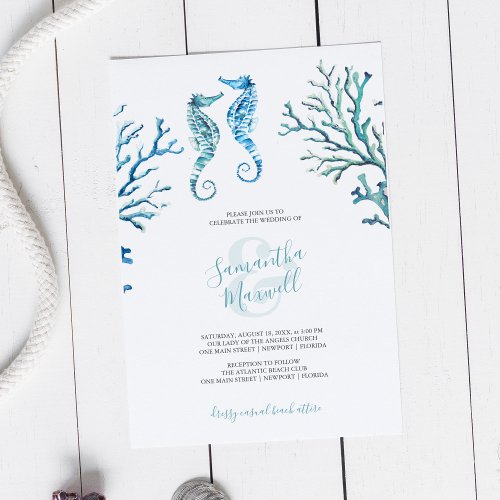 Casual Turquoise Blue Seahorse Watercolor Invite