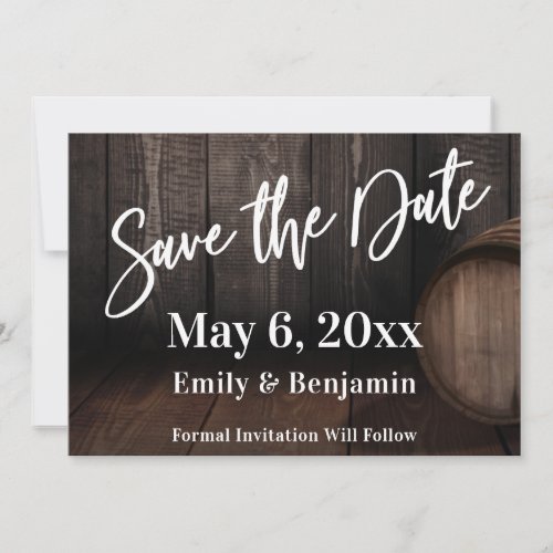 Casual Typography Over Brown Wooden Barrel Save The Date