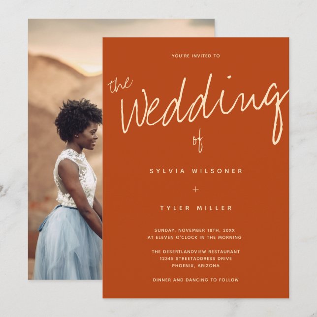 Casual Typography Photo Burnt Orange Wedding Invitation (Front/Back)