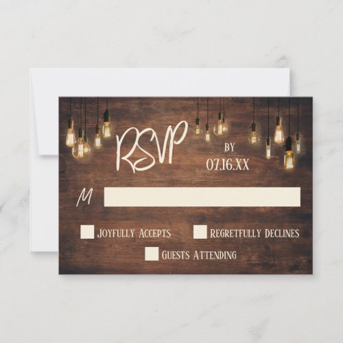 Casual Typography Rich Brown Wood Edison Lights RSVP Card