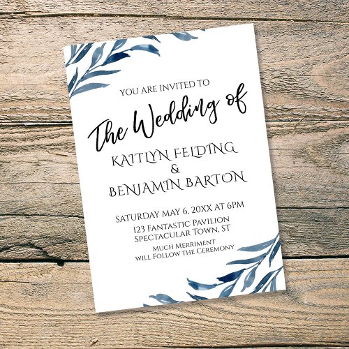 Casual Typography with Blue Painted Leaves Wedding Invitation