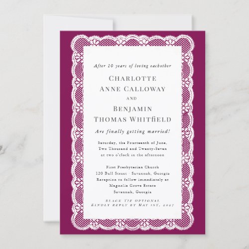 casual White Lace Plum Purple Elegant Wedding Invitation