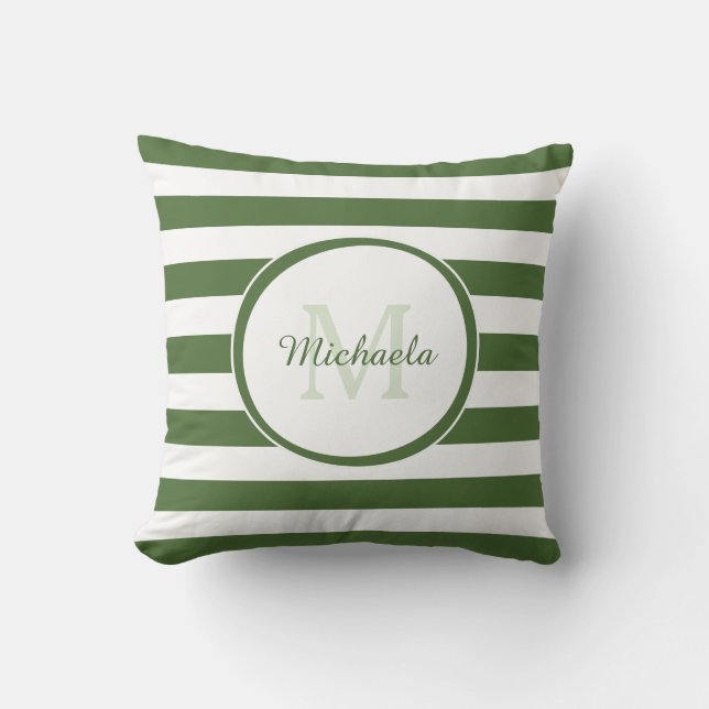 Casual Wide Stripes With Monogrammed Name in Green Throw Pillow (Front)
