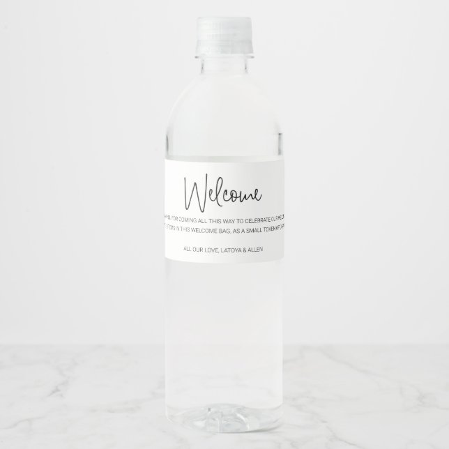 Casual Writing Wedding Welcome Gift Bag Basket Water Bottle Label (Front)