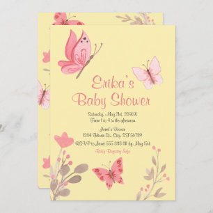 Casual Yellow Pink Floral Butterflies Baby Shower Invitation