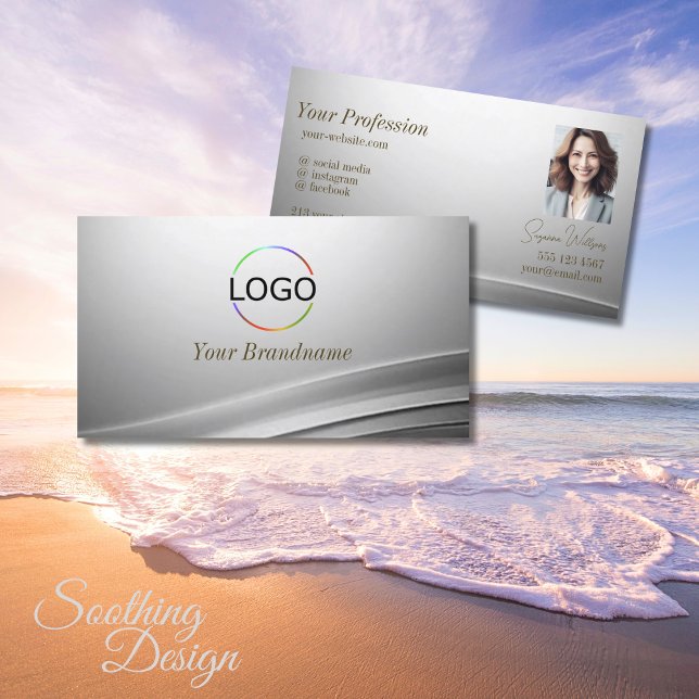 Casually Silver Curved Decor with Logo and Photo Business Card (Creator Uploaded)