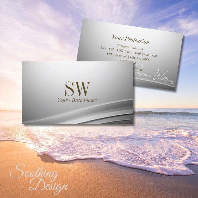 Casually Silver Curved Decor with Monogram Classy Business Card (Creator Uploaded)