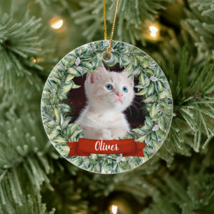 Cat 2 Sided 2 Photo Wreath Name Year Ceramic Ornam Ornament