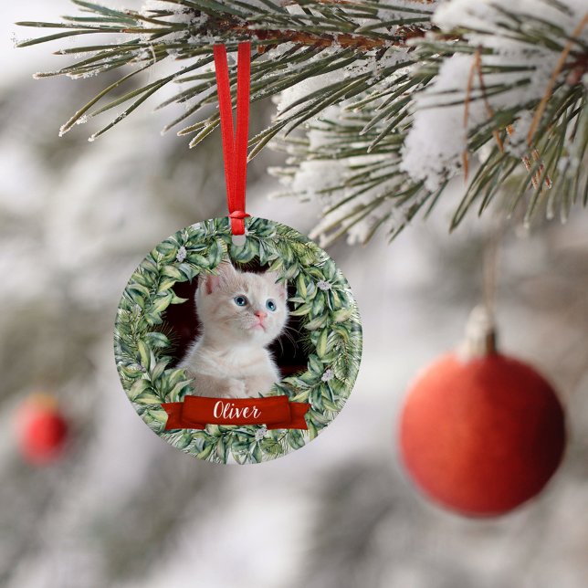 Cat 2 Sided 2 Photo Wreath Name Year Ceramic Ornament (Creator Uploaded)