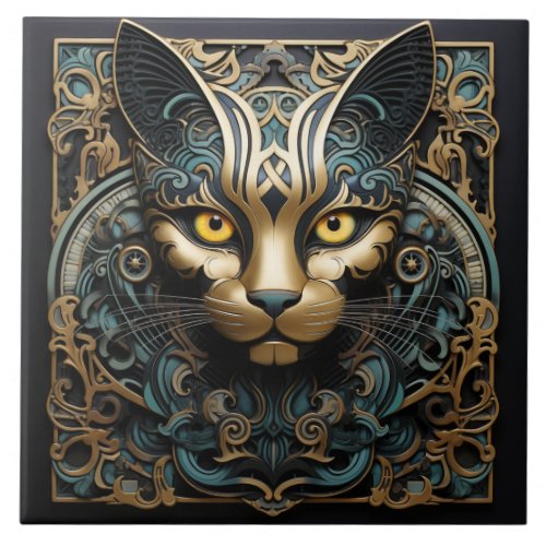 Cat 3D Effect With Gold Accent Abstract Art Ceramic Tile