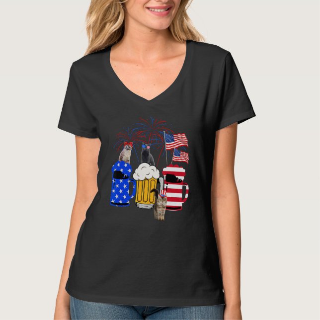 Cat 4th Of July Costumes Red White Blue Beer Glass T-Shirt (Front)