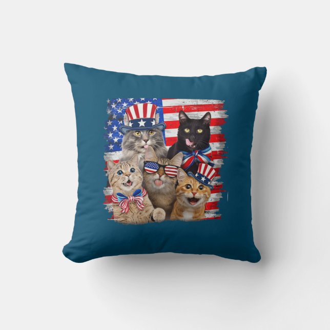 Cat 4th Of July Freedom American Flag Sunglasses Throw Pillow (Front)